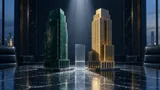 Editorial still-life of two facing architectural model towers, one in deep green and one in gold tones, their bases overlapping slightly with a glass threshold marker between them and a single spotlight beam highlighting where their shadows meet.