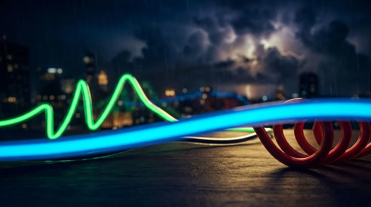 A split-screen stock market visualization showing two dramatically diverging stock chart lines — one rocketing upward in bright green and one plummeting downward in deep red — set against a dark financial dashboard background. In the center, a calm, flat blue line representing the S&P 500 index masks the chaos on either side, visually embodying the concept of hidden volatility beneath a deceptively quiet surface. The overall mood is tense and dramatic, with glowing neon chart lines and subtle st