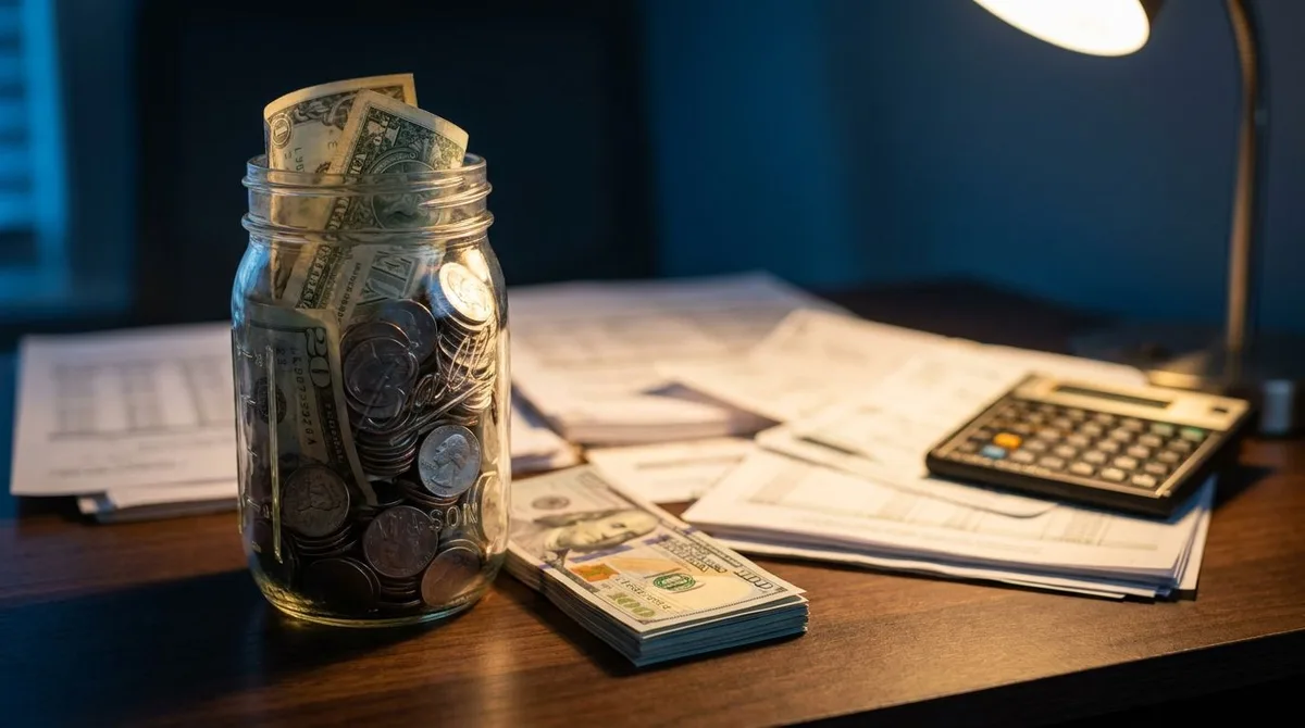 A crisp, clean composition showing a glass jar or transparent container filled with physical cash and coins sitting on a desk alongside financial documents and a calculator, with some bills visibly separated or "filtered" from a pile of pap