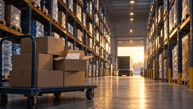 Interior of a large warehouse-style retail club with tall pallet racks of unmarked goods, a cart of plain boxes with a visible paper slip suggesting a refund, and a loading dock glowing in the distance.