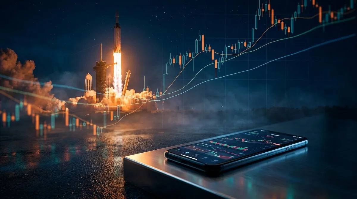 A SpaceX rocket launching dramatically against a dark sky, with stock market chart lines and candlestick patterns subtly overlaid or reflected in the foreground, blending space exploration with financial ambition.