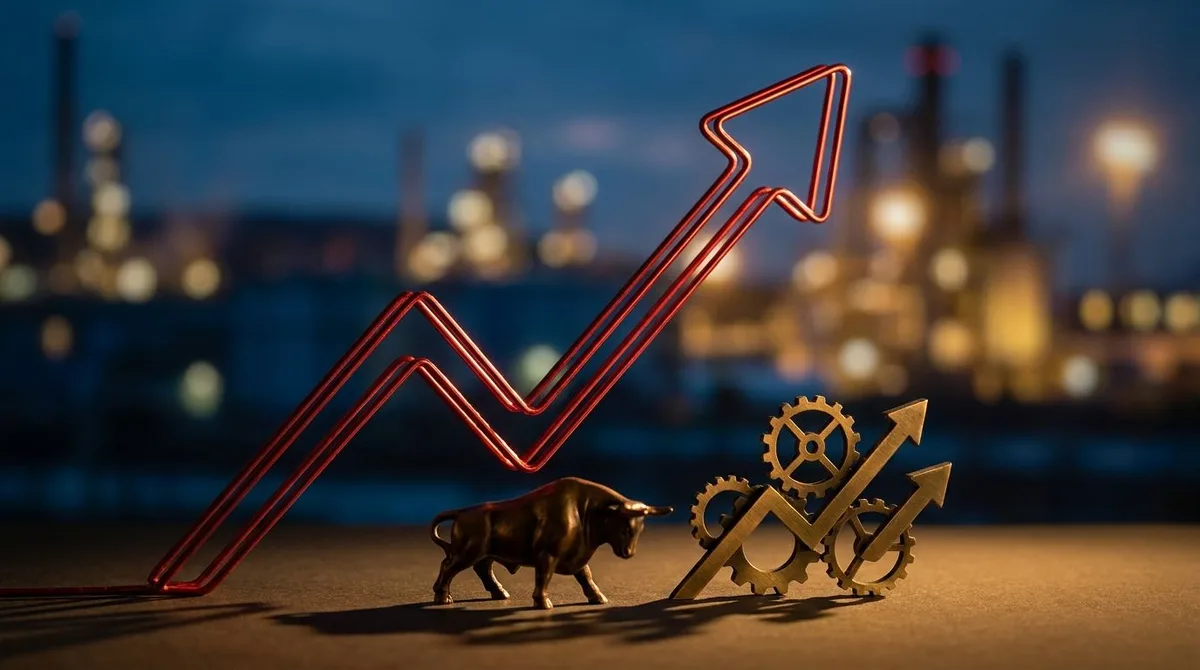 A dramatic upward-spiking yield curve or bond chart rendered in sharp red against a dark background, with a looming shadow cast over a miniature bull statue or stock market graph below it. The visual tension between the soaring yields and the vulnerable market below captures the core question of whether rising rates will ultimately crush equity valuations. The stark contrast of red and shadow creates an immediate sense of financial pressure and uncertainty.