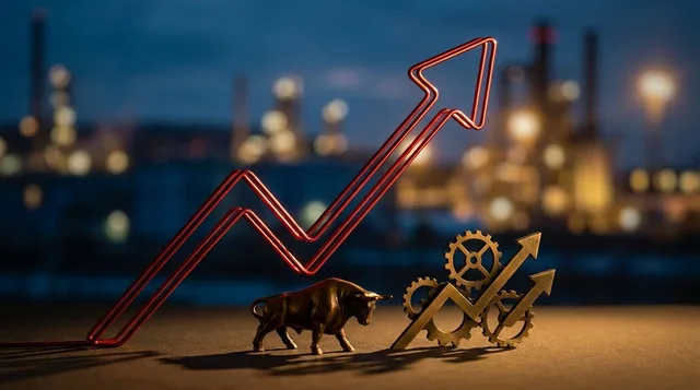 A dramatic upward-spiking yield curve or bond chart rendered in sharp red against a dark background, with a looming shadow cast over a miniature bull statue or stock market graph below it. The visual tension between the soaring yields and the vulnerable market below captures the core question of whether rising rates will ultimately crush equity valuations. The stark contrast of red and shadow creates an immediate sense of financial pressure and uncertainty.