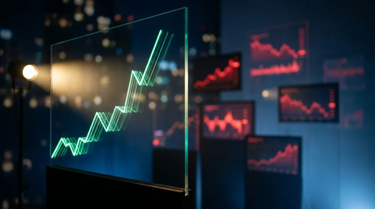 A dramatic split-screen visual showing a glowing, upward-trending stock chart on one side contrasting with a sea of fading, downward-trending smaller charts on the other, symbolizing concentrated market strength versus broad weakness. In the foreground, a single bold spotlight illuminates one rising chart line breaking sharply upward through the darkness, representing the explosive breakout opportunity amid a narrowing market. The overall color palette should use deep blues and blacks with sharp