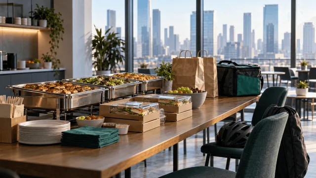 Editorial still life of a catered office lunch spread with trays and a delivery bag on a table, a courier helmet nearby, and a city skyline visible through large windows in the background.