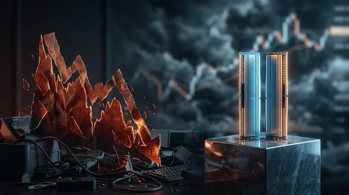 A dramatic split-scene image showing a crashing stock market graph in deep red on one side, while two glowing memory chips or RAM sticks stand illuminated and untouched amid the chaos.