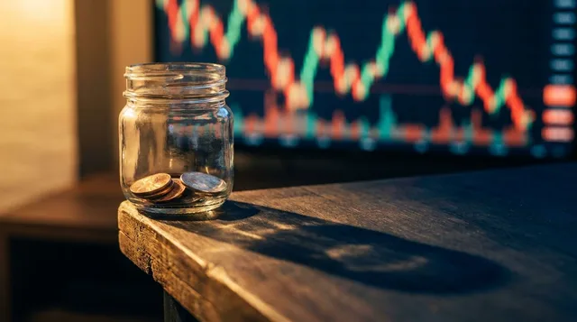 A small glass jar or piggy bank containing only a few coins sits at the edge of a table, visually teetering on the brink, with a dramatic shadow cast beneath it suggesting instability. The background subtly features a blurred stock chart with sharp, volatile price swings in red and green. The contrast between the tiny, fragile savings vessel and the overwhelming market movement around it instantly communicates financial vulnerability and the danger of oversized risk-taking with limited capital.