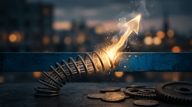 A dramatic dark-themed stock chart showing a candlestick pattern with progressively tighter, shallower pullbacks compressing like a coiling spring before erupting into an explosive upward breakout candle.