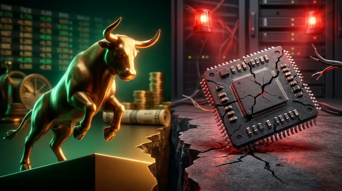 A split-screen financial scene showing a glowing bull charging upward on one side representing the Dow's record high, contrasted against a crumbling semiconductor chip or circuit board cracking apart on the other side, bathed in red light.
