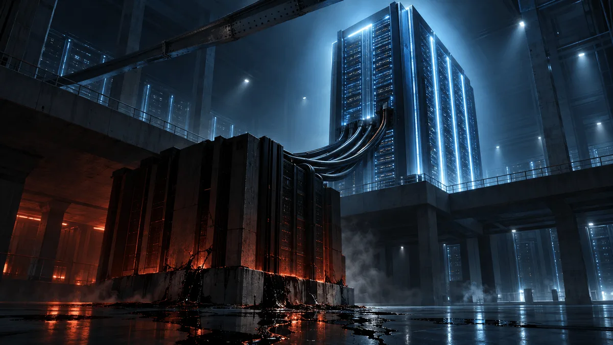 A towering data center scene showing one glowing server structure powered by cables drawing from a shadowed, draining foundation beneath it, symbolizing strong cloud growth undercut by cash flow strain.