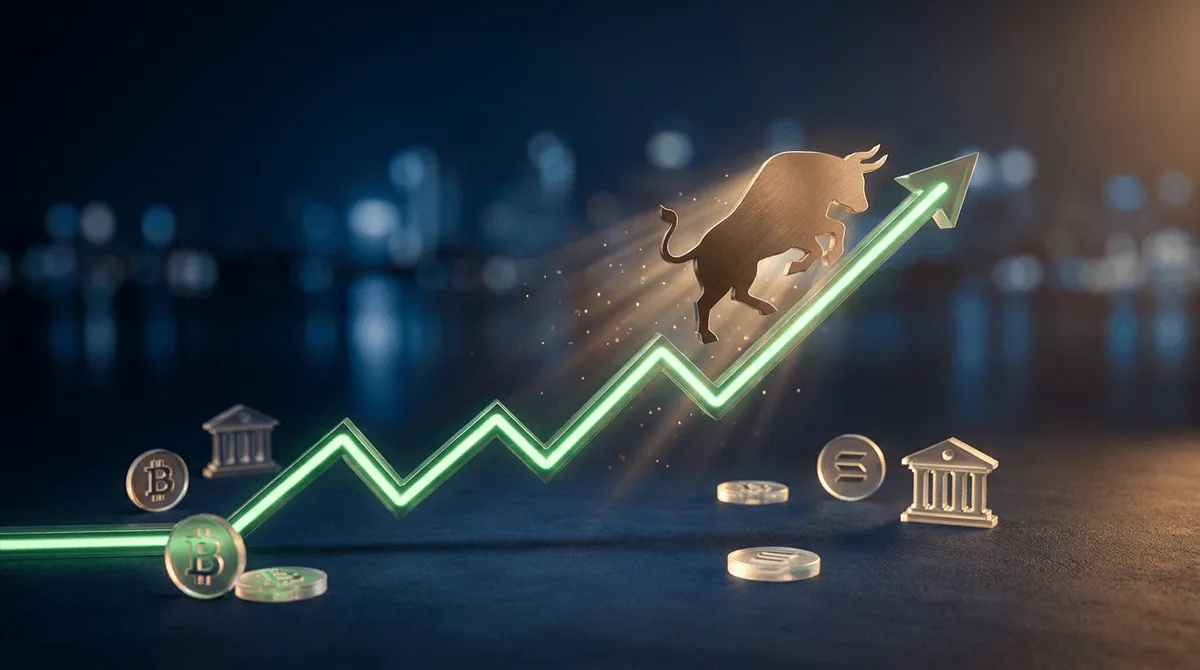 A dynamic upward-trending stock chart line glowing in green, sweeping across a dark navy background, with a stylized bull silhouette breaking through the ascending line.