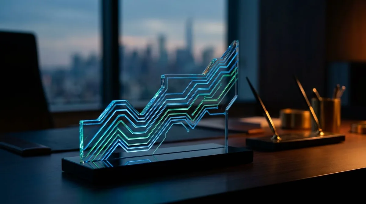 A sleek, dark-themed trading dashboard glows on a monitor, displaying cascading real-time stock charts, scanner alerts, and data streams in electric green and blue.
