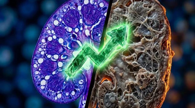A close-up of healthy versus damaged kidney tissue split down the middle, with one side showing vibrant, intact cells and the other showing deteriorating, protein-clouded tissue under a dramatic, high-contrast medical visualization style.