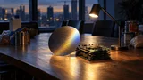 A sleek silicon wafer and a small stack of circuit boards sit gleaming under bright light at the center of a wooden boardroom table, while at the far edges a carton of milk and a bundle of canned goods sit in soft shadow, slightly out of fo