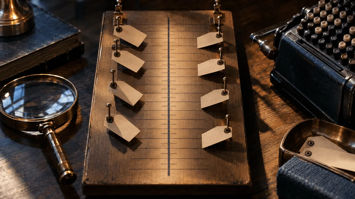 A close-up of a wooden restaurant-style table menu with two parallel columns of small printed price tags clipped along the left and right margins, each tag hanging at a different height above a ruled measuring board marked with evenly space