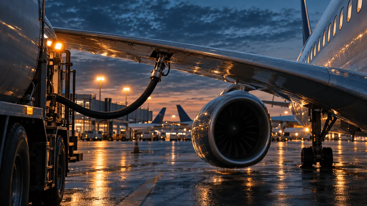 A commercial jet being refueled by a boom truck on an airport tarmac at dusk, with fuel hose connected to the wing and airport lights glowing in the background.
