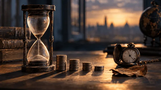 Picture a weathered hourglass on a wooden desk, sand nearly drained into the bottom chamber, sitting beside a small stack of coins that gradually diminishes in height across the frame from left to right.