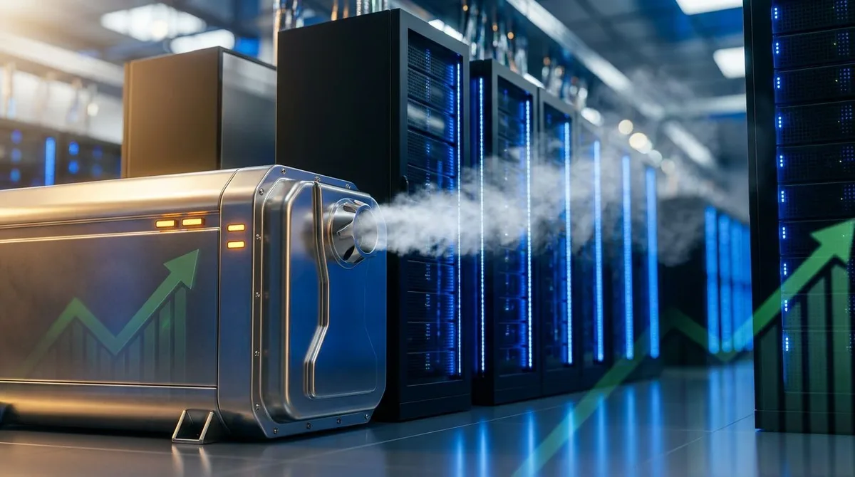 A sleek, modern data center filled with rows of glowing blue server racks is powered by a prominent hydrogen fuel cell unit in the foreground, with clean energy vapor rising and blending into the air.