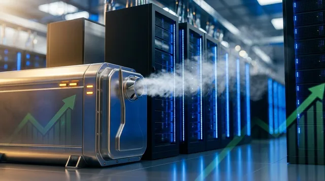A sleek, modern data center filled with rows of glowing blue server racks is powered by a prominent hydrogen fuel cell unit in the foreground, with clean energy vapor rising and blending into the air.