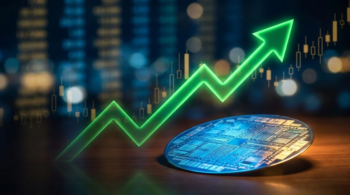 A dynamic upward-trending stock chart with a glowing green arrow surging sharply higher dominates the frame, set against a dark financial data background filled with blurred ticker symbols and candlestick patterns.