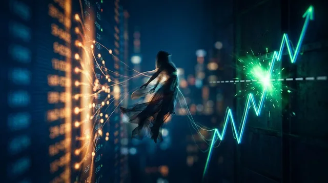 A split-screen composition showing two contrasting financial forces: on one side, a glowing options chain with call strike prices lighting up like a chain reaction, and on the other, a dramatic upward-spiking stock chart with an explosive g