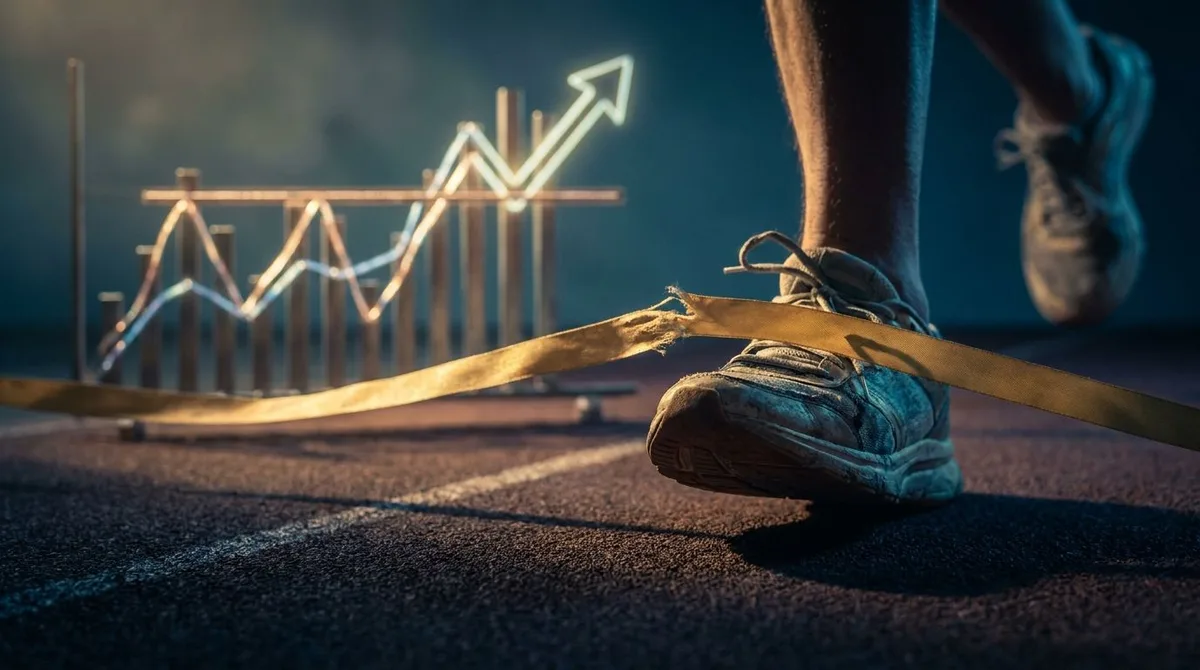 A stock chart showing a clear upward breakout above a horizontal resistance level, with a bold arrow continuing higher past the breakout point. The chart is partially visible in the background, while the foreground features a runner crossing a finish line tape mid-race — not in first place, but still crossing with momentum and purpose. The scene conveys that capturing a portion of a winning move matters more than being the first to arrive.
