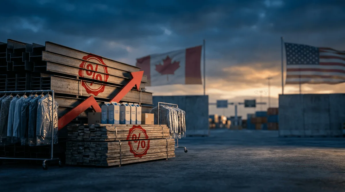 A stark visual split of the Canada-U.S. border rendered as a customs checkpoint, with stacks of steel beams, lumber, dairy cartons, and clothing racks piled on the Canadian side, each bearing a bold red percentage stamp (50%, 25%, 15%) like
