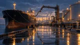 A large tanker ship moored at an industrial dockside terminal, connected by loading pipes to diesel storage tanks, with refinery stacks faintly visible in the hazy distance at dusk.
