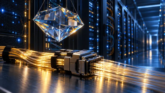 A fiber-optic connectivity module glowing amber in the foreground of a data center aisle, with a suspended faceted glass sculpture refracting light above it, set against blurred server racks lit in cool blue.