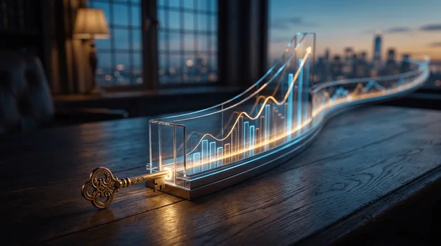 A split composition showing a small golden key unlocking a large, glowing stock market chart that stretches far into the horizon, symbolizing long-term access to market gains with minimal capital.