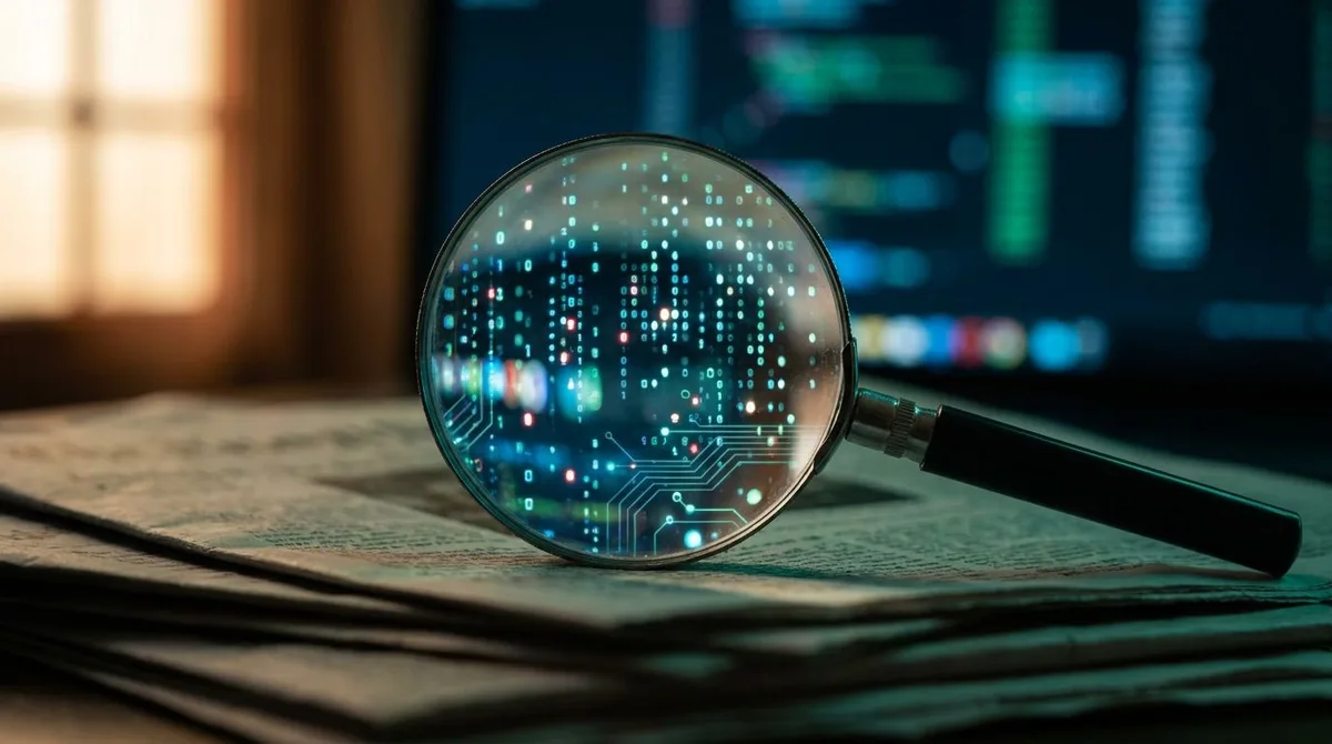A sharp-eyed trader sits at multiple glowing screens filled with scrolling financial charts and news headlines, their expression focused and analytical rather than reactive. In the foreground, a newspaper or news feed is slightly blurred, while the bright, crisp market data in the background is in sharp focus — symbolizing the idea of looking beyond the surface headline. The overall mood is confident and strategic, with cool blue and green tones punctuated by flashes of red and white data, conve