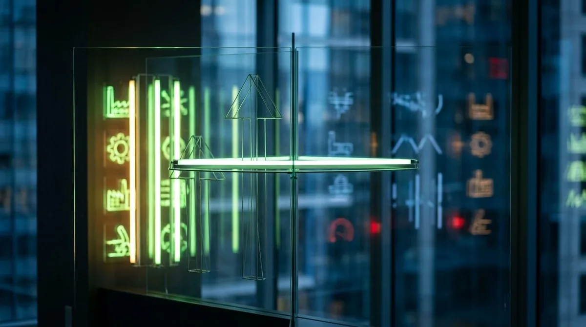 A split stock market display board shows various sector ticker symbols with industrial stocks glowing bright green while others remain neutral or slightly red, creating a visual contrast of sector rotation.