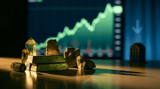 A dynamic stock market trading floor scene bathed in green and gold light, with a large glowing upward-trending line chart dominating the background to represent the S&P 500's advance.