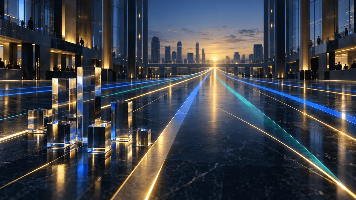 Abstract architectural scene of converging blue and gold light beams over a dark marble floor with stacked glass blocks, symbolizing financial network growth and a forward-looking outlook.