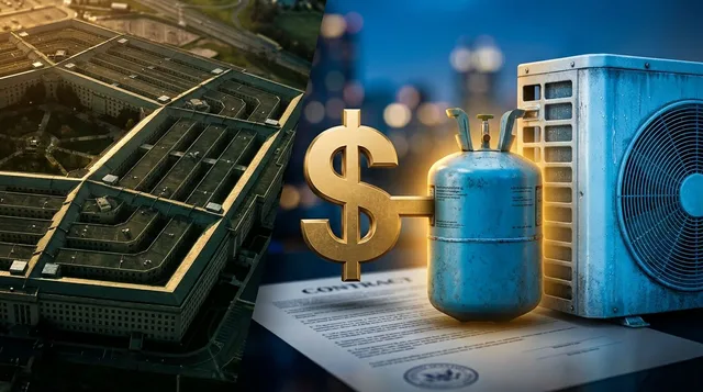 A dramatic split composition showing a massive Pentagon building on one side and a tiny refrigerant canister or AC unit on the other, connected by a bold contract document or dollar sign graphic, emphasizing the striking size disparity.