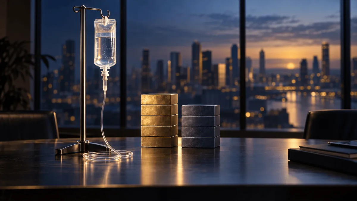 An IV infusion stand on a polished table beside two uneven stacked blocks, set against a blurred city skyline, symbolizing a healthcare company's ownership transition.