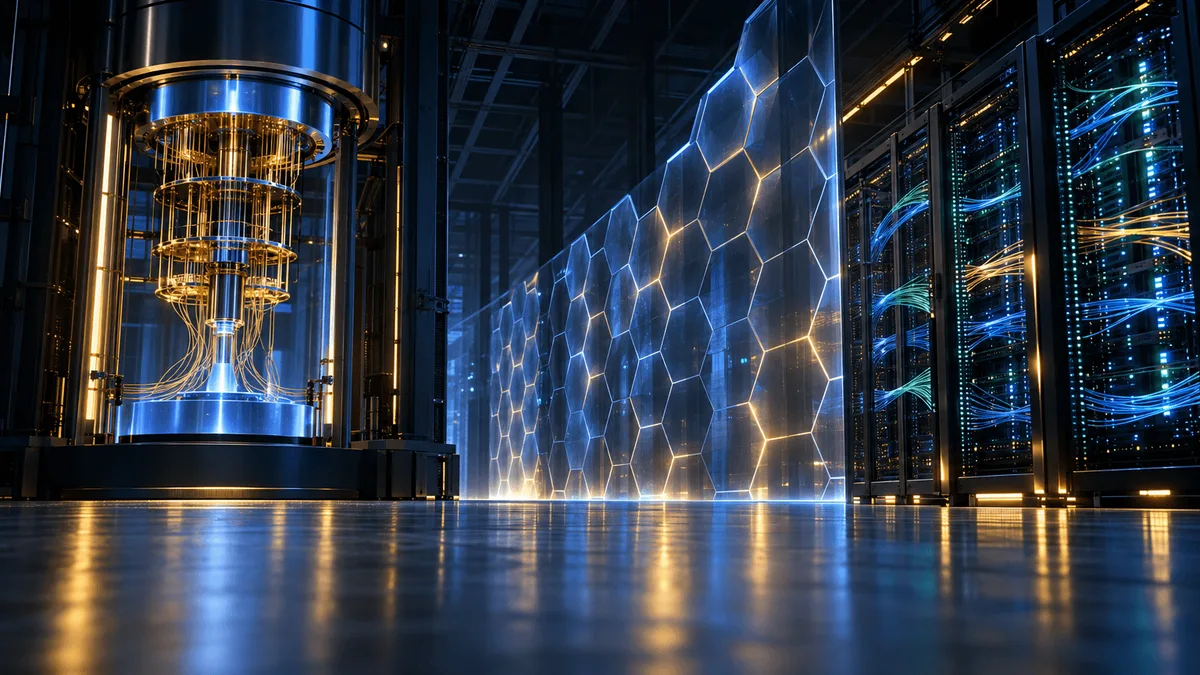 A wide cinematic view of a data center at night where a glowing quantum computing chamber on one side connects through a hexagonal, honeycomb-like barrier to a dense network of illuminated server racks and fiber cables on the other, symbolizing the merger of quantum technology and network security infrastructure.