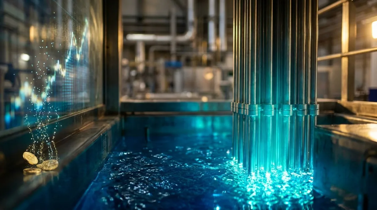 A dramatic, close-up shot of glowing uranium fuel rods or a nuclear reactor core emitting an ethereal blue-green light, submerged in cooling water with a deep, mysterious glow.