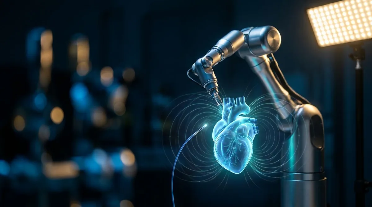 A sleek surgical robot arm hovers precisely over a glowing, translucent 3D model of a human heart, rendered in cool blue and electric teal tones against a dark background.