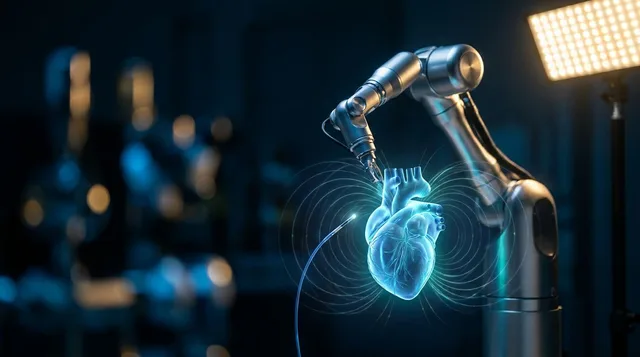 A sleek surgical robot arm hovers precisely over a glowing, translucent 3D model of a human heart, rendered in cool blue and electric teal tones against a dark background.