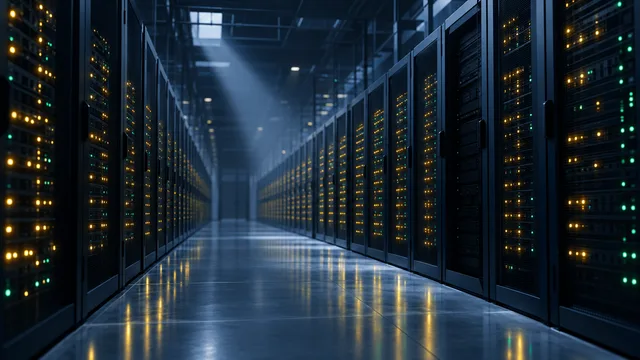 A long corridor of data center server racks with rows of status lights, one section dimmer than the rest, photographed in cool blue-grey tones.