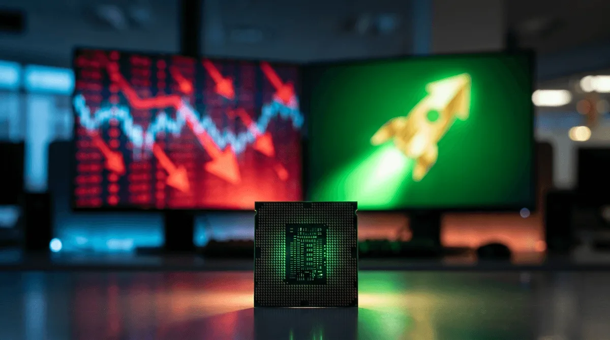 A split-screen stock market display showing a gleaming upward arrow or rocket representing tech and semiconductors on one side, bathed in bright green light, while the other side shows a sea of red-tinted downward arrows representing the br