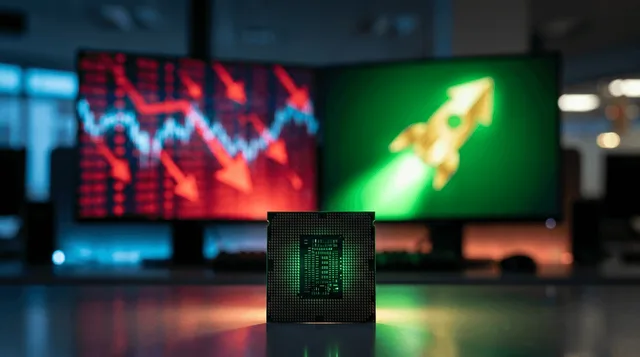 A split-screen stock market display showing a gleaming upward arrow or rocket representing tech and semiconductors on one side, bathed in bright green light, while the other side shows a sea of red-tinted downward arrows representing the br