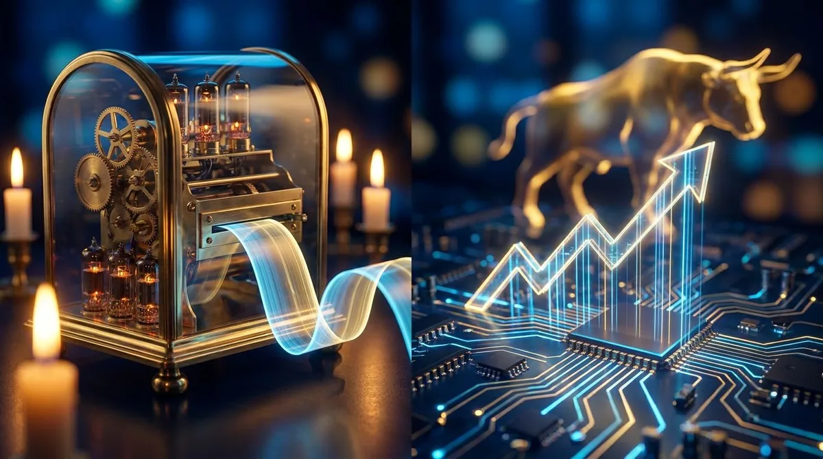 A split visual showing a vintage 1920s Art Deco stock ticker tape machine seamlessly merging with a modern glowing AI circuit board or holographic stock chart, bathed in gold and electric blue light.