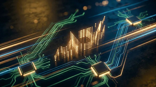 A dramatic upward-sweeping stock market chart rendered in bold green against a dark background, with the iconic Dow Jones ticker display glowing at the center, symbolizing the historic 53,000 milestone.