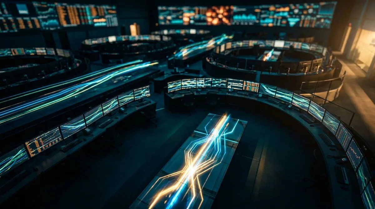 A dramatic bird's-eye view of a massive trading floor filled with glowing screens displaying cascading green and red options data, with streams of light representing order flow sweeping across multiple monitors simultaneously.