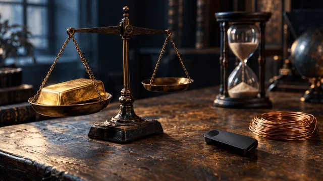 A weathered oak desk holds a single gleaming gold bar resting on a small antique balance scale, its brass pans catching soft window light, beside a smooth matte-black hardware wallet and a coil of thin copper wire symbolizing digital circui