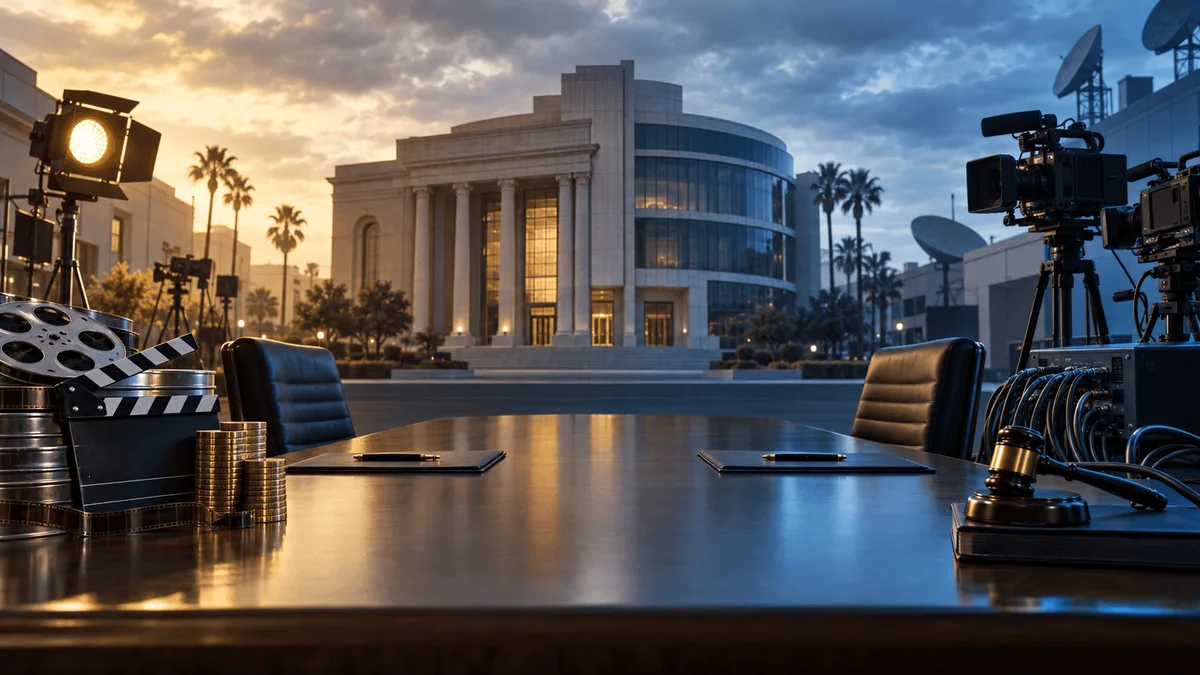 A symbolic negotiating table with film reels and coins on one side and TV cameras and a gavel on the other, in front of two merging studio building silhouettes under moody split lighting.