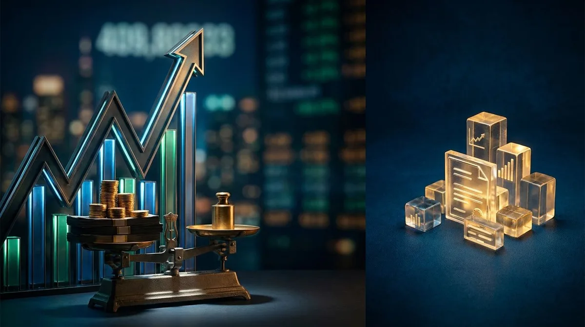 A split-composition image showing a towering stock market chart reaching near its peak on one side, contrasted with a small cluster of glowing stocks on the other, visually emphasizing the disconnect between index highs and limited overvaluation. In the foreground, a lone corporate executive in a sharp suit confidently places a stack of coins or cash onto a scale, symbolizing insider conviction and "smart money" conviction. The overall mood should feel tense yet opportunistic, with dramatic ligh