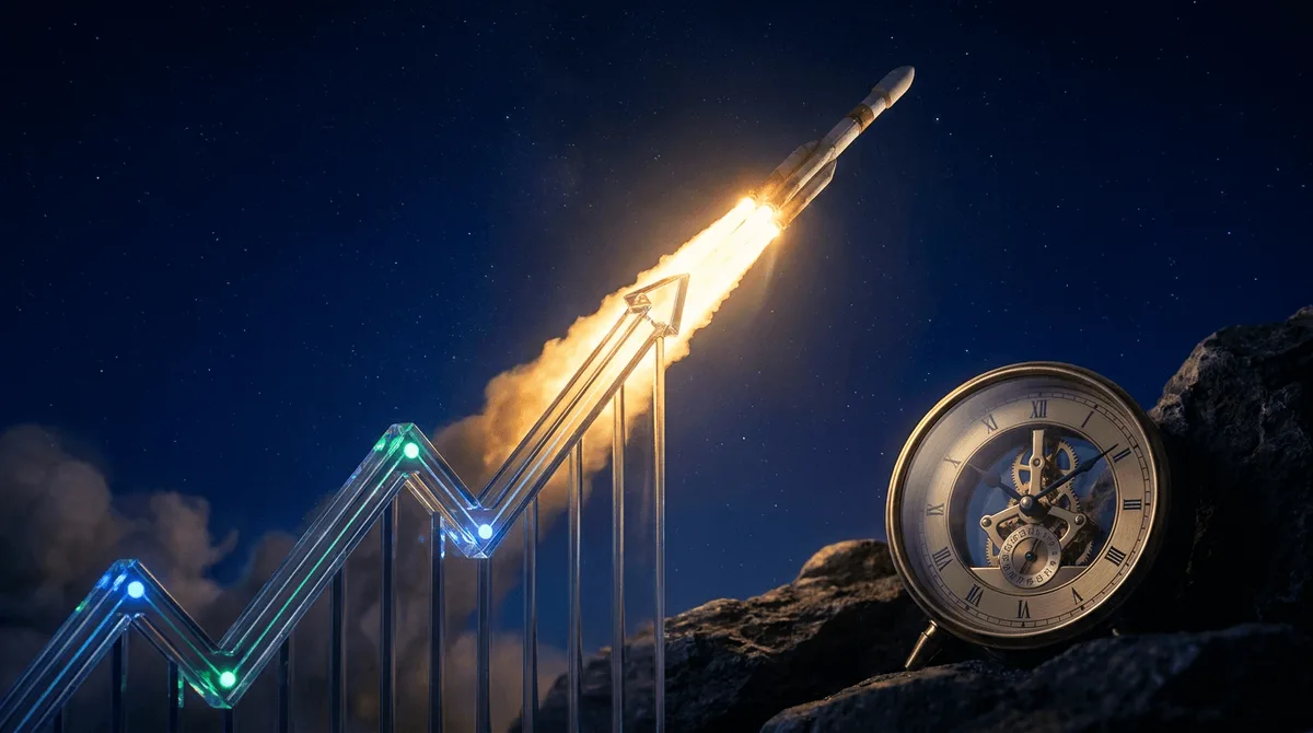 A SpaceX rocket launching powerfully into a star-filled sky, with a bold stock chart overlay rising sharply upward in the foreground, visually merging the worlds of space exploration and financial markets.